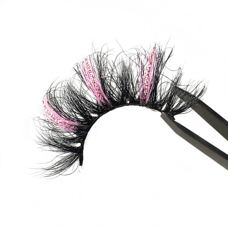 3 Tone 3D Pink Glitter Glam Strip Lashes. Sparkling Lashes With Pink Glitter Reflecting Flakes. Amazing Eyelash For Colorful Makeup Looks. Colored Strip Lashes For Makeup Lovers.