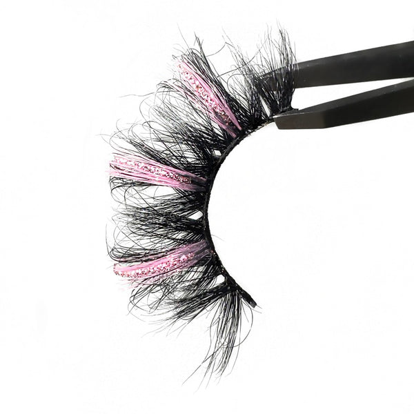 3D Luxury Mink Light Pink Glitter Glam Color Strip Lashes. Sparkling Lashes With Pink Glitter Flakes For Glittery Eye Makeup Looks. Amazing Eyelash With Wispy Fluffy Design.