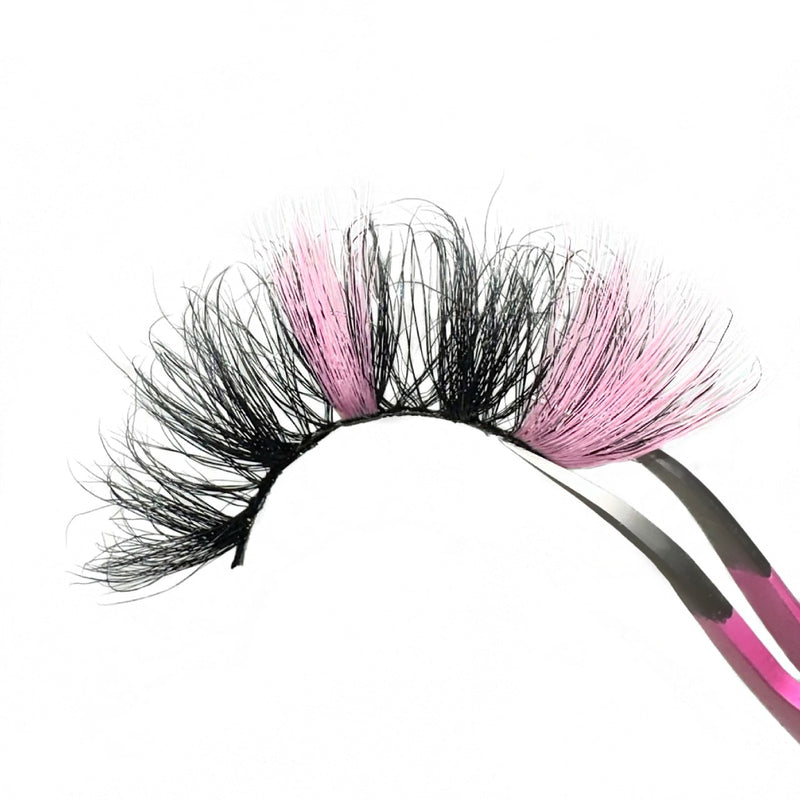 3D Luxury Mink Pink Orchid Eyelash Extensions. Two-Tone Eyelash Extensions With Light Pink Highlights. 25mm Demi Strip Hybrid Eyelash. Trendy Colored Eyelash Extensions.