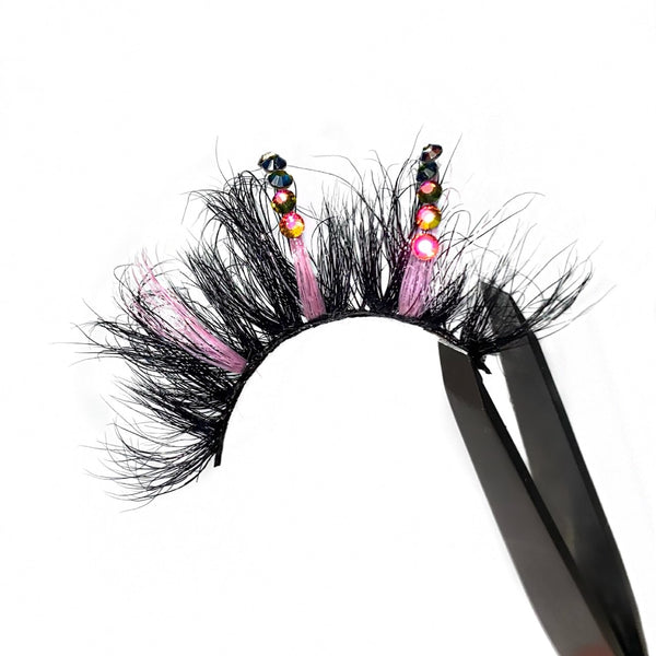 3D Luxury Mink Pink Color Lashes With Rhinestones. Unique Lashes With Rhinestone Bling Lashes That Sparkle. Pink Lashes With Rhinestones.