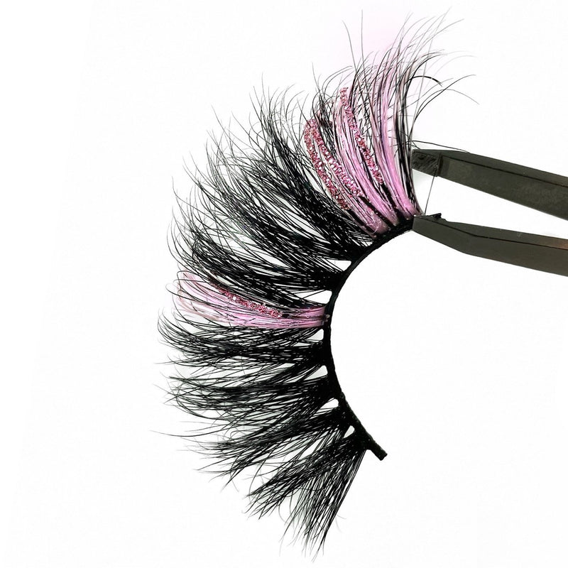 3D Mink Lash Artistry Glitter Color Strip Lashes. 2 Tone Pink Glitter Sparkling Eyelash. Lashes With Pink Color And Glitter. Unique Lashes With Color In Them.