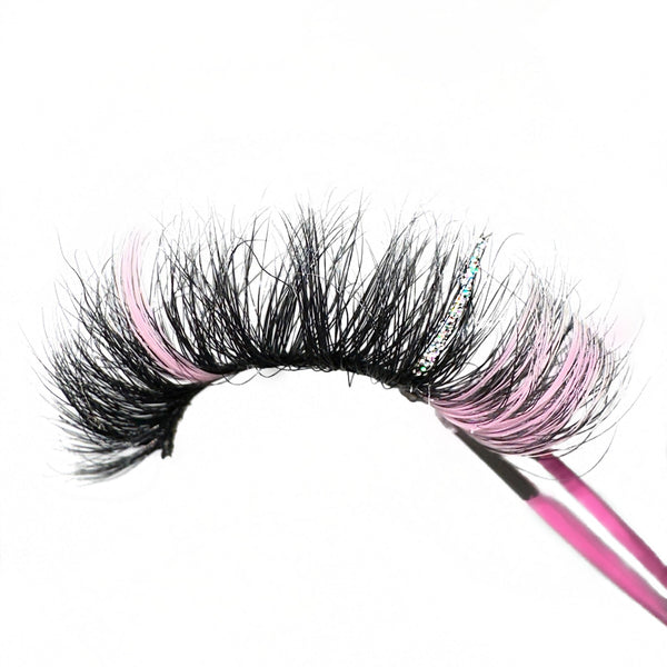3D Mink Silver Glitter Sparkling Eyelash With Pink Color. Lash Artistry 2 Tone Silver Glitter Pink Color Eyelashes. Black Eyelashes With Pink Lash Highlights. 18mm Glitter Color Lashes For All Lash Lovers.