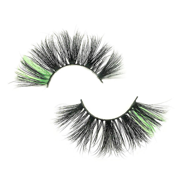 3D Mink Green False Lashes. Green Color Lashes. Lash Beauty Black Eyelashes With Green Highlights On Outer Corners. Green Lash Makeup For Lash Lovers.