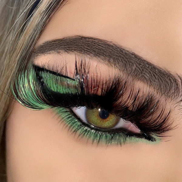 3D Luxury Mink Green False Lashes. Green Color Strip Lashes. A Lash Beauty Colored Lash. Fluffy Volume 25mm Lash With Color For Lash Lovers And Green Makeup Looks. Green Eye Makeup Inspo.