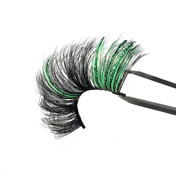 3D Green Glitter Eyelash Extensions With Green Colored Lashes. 2 Tone Green Color Strip Lashes. Mega Volume Black Eyelashes Made Of Mink With Green Color. 25mm Colored Eyelashes For Green Makeup Looks.