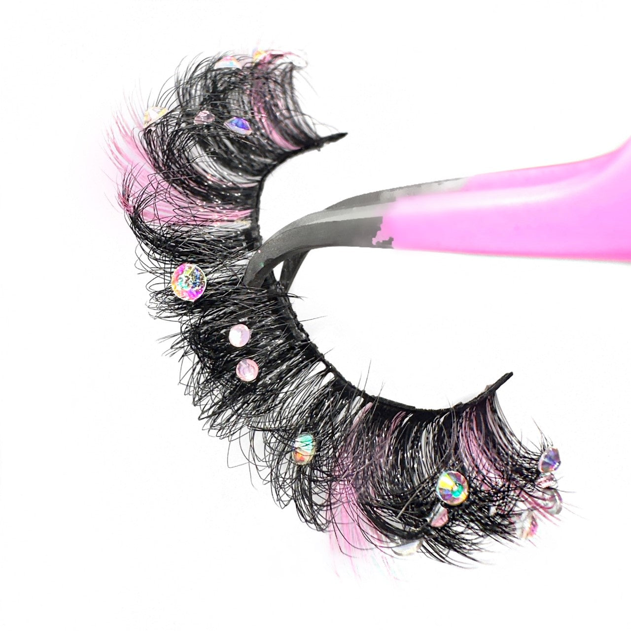 5D Lash Luxury Rhinestone Color Lashes. 2 Tone Pink Lashes With Silver Rhinestones. Black Eyelashes With Rhinestones & Pink Lash Highlights. Fluffy Mega Curl Volume Strip Lashes. 15mm-18mm Color Falsies For Lash Lovers.