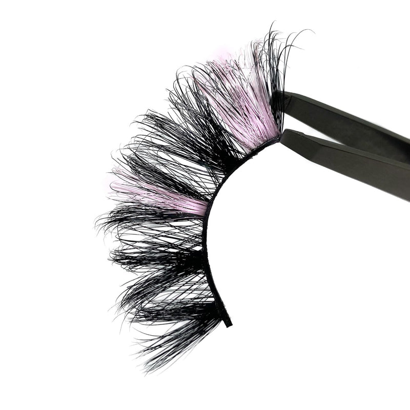 3D Luxury Mink 2 Tone Pink Lashes. Pink Eyelash Extensions. Mega Volume Black Eyelashes With Light Pink Lash Highlights. 25mm. Trendy Colored Lashes.