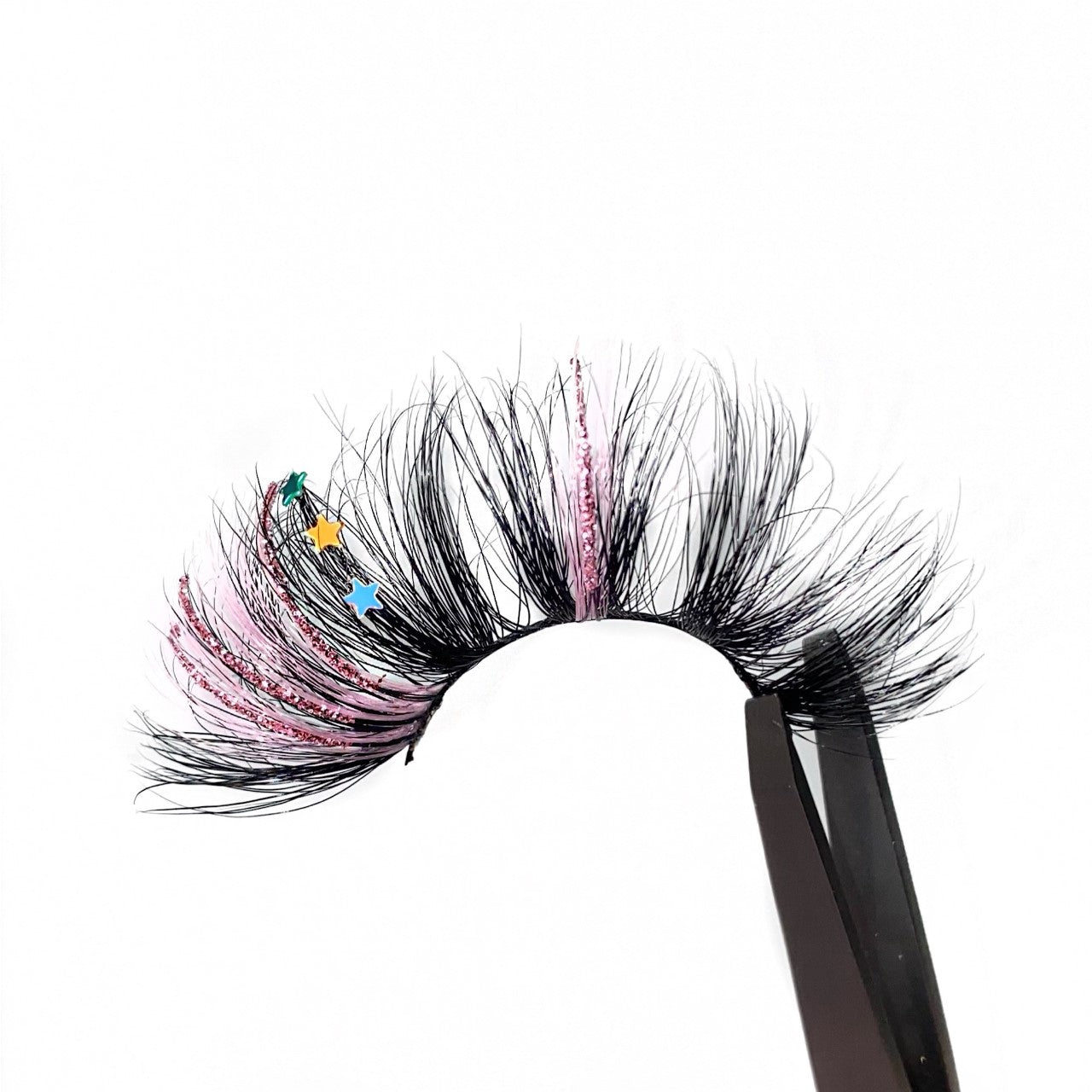 3D Mink Glitter Lashes. 2 Tone Pink Colored Eyelash Extensions. Pink Lashes With Glitter And Colorful Holographic Star Decals. Fluffy Volume 25mm. Bright Star Lashes.